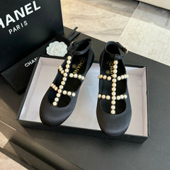 MARY JANES SHOES BLACK GOATSKIN WITH FAUX PEARL
