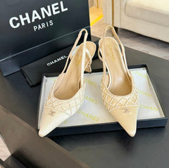 POINTED SLINGBACK MID HEELS BEIGE CREAM LAMBSKIN