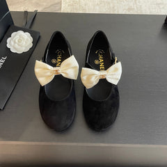 BALLET FLAT BLACK SUEDE LAMBSKIN WITH WHITE BOW