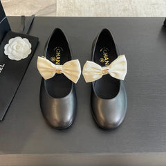 BALLET FLAT BLACK LAMBSKIN WITH WHITE BOW