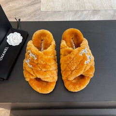 SAFETY ORANGE FUR CROSS STRAP SLIPPERS