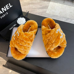 SAFETY ORANGE FUR CROSS STRAP SLIPPERS