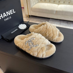 BEIGE CREAM FUR CROSS STRAP SLIPPERS