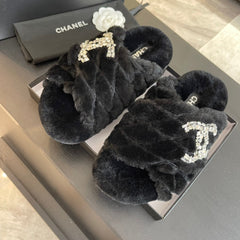 BLACK FUR CROSS SRAP SLIPPERS