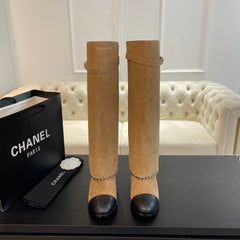 HIGH BOOTS 6.5 CM IN CIDER BROWN SUEDE AND BLACK CALFSKIN