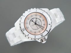 J12 33mm Quartz White Ceramic Diamond Numerals Pink Mop Dial
