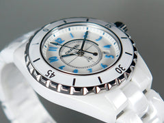 J12 Date Quartz White Ceramic Blue Numerals White Dial