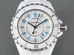 J12 Date Quartz White Ceramic Blue Numerals White Dial