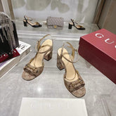 GG HEELED SANDALS 95MM IN DARK BEIGE CANVAS WITH GOLD HARDWARE