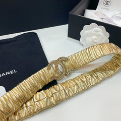 DOUBLE C ELASTIC BELT 30MM IN YELLOW CALFSKIN GOLD CRYSTAL EMBELLISHED BUCKLE