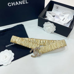 DOUBLE C ELASTIC BELT 30MM IN YELLOW CALFSKIN GOLD CRYSTAL EMBELLISHED BUCKLE