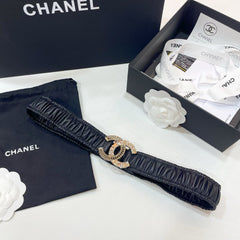 DOUBLE C ELASTIC BELT 30MM IN BLACK CALFSKIN GOLD CRYSTAL EMBELLISHED BUCKLE