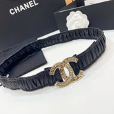 DOUBLE C ELASTIC BELT 30MM IN BLACK CALFSKIN GOLD CRYSTAL EMBELLISHED BUCKLE