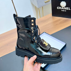 CHANEL 25S HIGH ANKLE BOOTS WITH ZIPPER IN BLACK FULL CALFSKIN GOLD HARDWRE