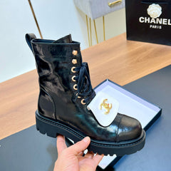 CHANEL 25S HIGH ANKLE BOOTS WITH ZIPPER IN BLACK GLOSSY CALFSKIN GOLD HARDWRE