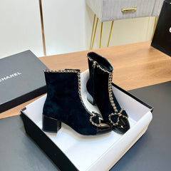 CHANEL 25S HEELED CHAIN BOOTS WITH BOW IN BLACK VELVET GOLD HARDWRE