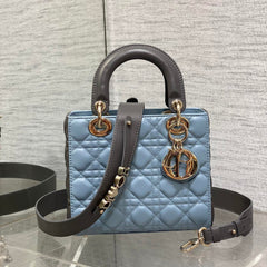 MEDIUM LADY BAG 20 IN BABY BLUE QUILTED MACROCANNAGE CALFSKIN GREY STRAP