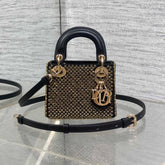 DIOR 25S MINI LADY D-LITE BAG 12 IN BLACK CANVAS AND CALFSKIN CRYSTAL-STUDDED