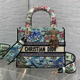 DIOR 25S SMALL LADY D-LITE BAG 24 IN BLUE AND WHITE CANVAS FLORAL EMBROIDERY
