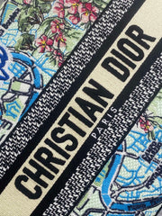 DIOR 25S SMALL LADY D-LITE BAG 24 IN BLUE AND WHITE CANVAS FLORAL EMBROIDERY