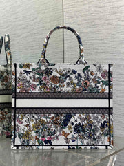 DIOR 25S LUCKY LARGE DIOR BOOK TOTE 42 IN MULTICOLOR DIOR FLOWERS CALENDAR ALLOVER EMBROIDERY