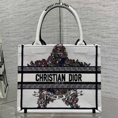 DIOR 25S LUCKY SMALL DIOR BOOK TOTE 26 IN WHITE MULTICOLOR DIOR STAR EMBROIDERY