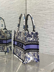 DIOR 25S SMALL BOOK TOTE 26 IN WHITE AND PURPLE DIOR NIGHT OF DREAMS EMBROIDERY