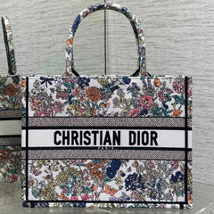 DIOR 25S LUCKY MEDIUM BOOK TOTE 36 IN MULTICOLOR COTTON FLOWERS CALENDAR ALLOVER EMBROIDERY