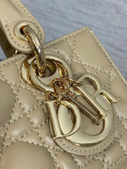 DIOR 25S SMALL LADY D‑JOY BAG 19 IN DARK BEIGE CANNAGE CALFSKIN GOLD HARDWRE