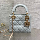 DIOR 25S MINI LADY DIOR BAG 17 IN LIGHT BLUE CALFSKIN CHARM CRYSTAL EMBELLISHMENTS