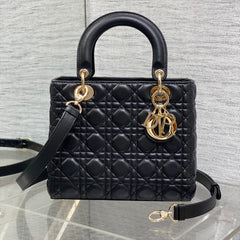 DIOR 25S MEDIUM LADY BAG 24 IN BLACK CALFSKIN GOLD HARDWARE