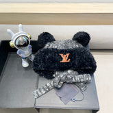 KNITTED BEANIE HAT IN BLACK MIX GRAY WOOL WITH CUTE BEAR EARS 422498