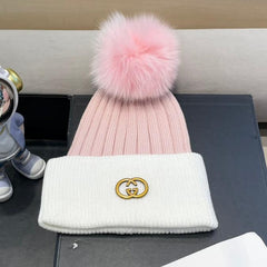 BEANIE HAT IN LIGHT PINK MIX WHITE WOOL AND FOX FUR 422503