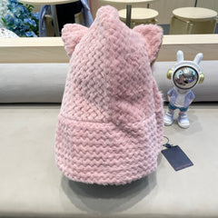 BEANIE HAT IN PASTEL PINK WOOL AND LAMB FUR 435072
