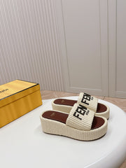 FENDI SIGNATURE WEDGE PLATFORM 6 CM IN BEIGE FIBRE WITH BROWN EMBROIDERED LOGO