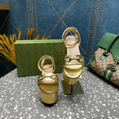 GG HORSEBIT PLATFORM SANDAL METALLIC GOLD CALFSKIN