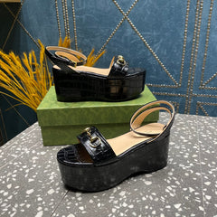 GG HORSEBIT FLATFORM SANDAL GLOSSY BLACK CALFSKIN