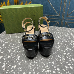 GG HORSEBIT FLATFORM SANDAL GLOSSY BLACK CALFSKIN