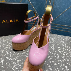 ALAIA WEDGE PUMP 15 CM IN NEON PINK LAMBSKIN AND BEIGE RUBBER