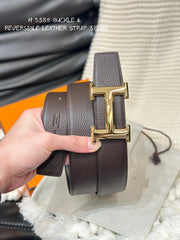 HM 5382 BELT GOLD BUCKLE & REVERSIBLE BLACK LEATHER STRAP 38MM