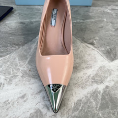 PRADA 25S METAL-CAPPED POINTED-TOE HIGH HEELS IN WARM BEIGE CALFSKIN