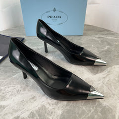 PRADA 25S METAL-CAPPED POINTED-TOE HIGH HEELS IN BLACK CALFSKIN