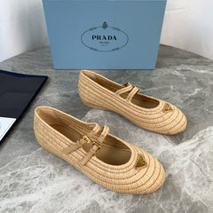PRADA 25S BALLET FLAT IN NATURAL RAFFIA AND CALFSKIN