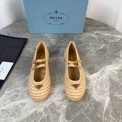 PRADA 25S BALLET FLAT IN NATURAL RAFFIA AND CALFSKIN