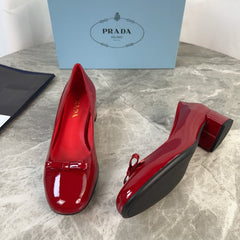 PRADA 25S LOW HEELS SLIP ON BOW 45MM IN DARK WINE RED GLOSSY CALFSKIN