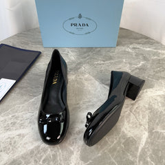 PRADA 25S LOW HEELS SLIP ON BOW 45MM IN BLACK GLOSSY CALFSKIN