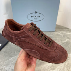 PRADA 25S MONTECARLO ANTIQUED SNEAKERS IN MAHOGANY BROWN SUEDE