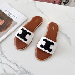 LYMPIA MULE WHITE RAFFIA AND BLACK WOOL LOGO