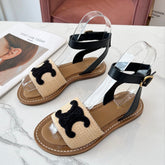 TROMPHE SANDALS BEIGE RAFFIA BLACK WOOL