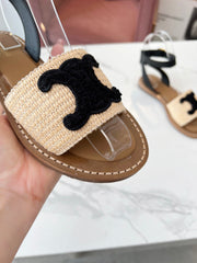 TROMPHE SANDALS BEIGE RAFFIA BLACK WOOL